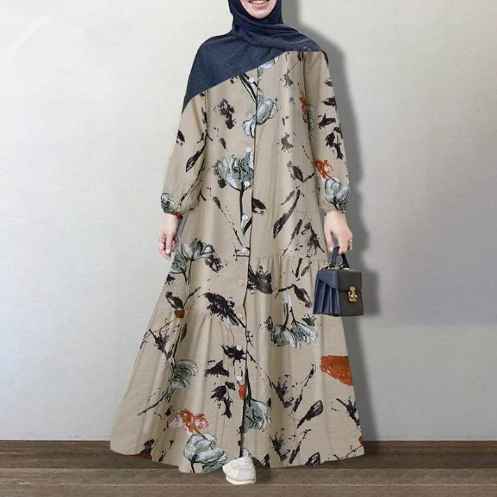 Muslim cotton and linen printed round neck button bubble long sleeved rubber band cuffs fashion loose casual dress - Image 4