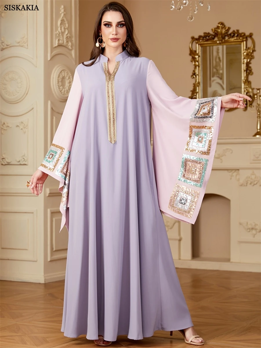 Siskakia Ramadan Dubai Sequins Patchwork Batwing Sleeve Maxi Dress For Women Moroccan Gala Elegant Loose Abayas - Image 4