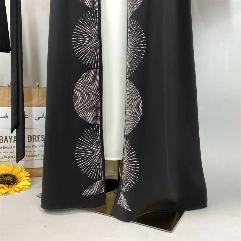 Shiny Black Dubai Abaya For Muslim Women With Belt Luxury Silver Rhinestone Diamond For Ramadan Party Elegant Turkey Kebaya - Image 5