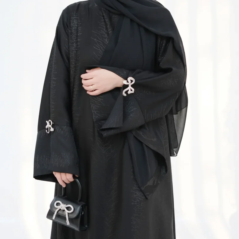Luxury Dubai Abaya Muslim Women Dress Bow Cuff Black Abayas Female Satin Islam Clothing Ramadan Morocco Long Robe Party Dresses