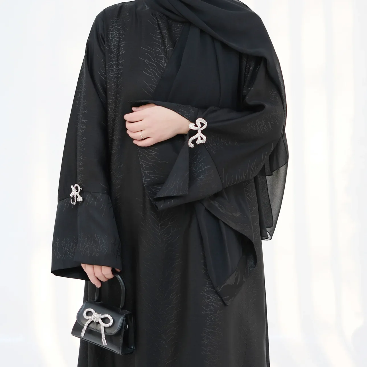 Luxury Dubai Abaya Muslim Women Dress Bow Cuff Black Abayas Female Satin Islam Clothing Ramadan Morocco Long Robe Party Dresses