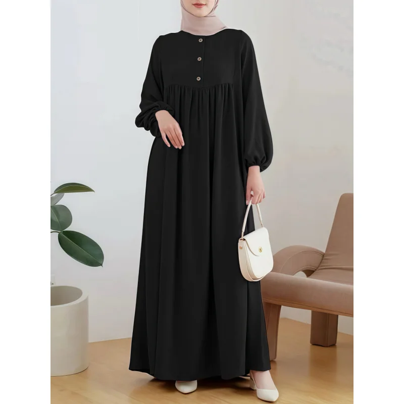Muslim Women's Wear Skirt Fashion Casual Puff Sleeve Simple Loose Solid Color Dress - Image 6