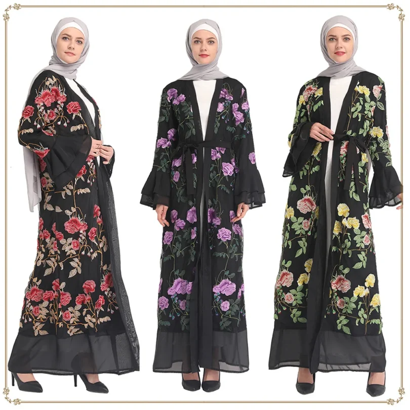 Elegant Lace Embroidered Abaya Dubai Long Robe Muslim Women Outerwear Flared Sleeves Modest Fashion Middle Eastern Style - Image 2