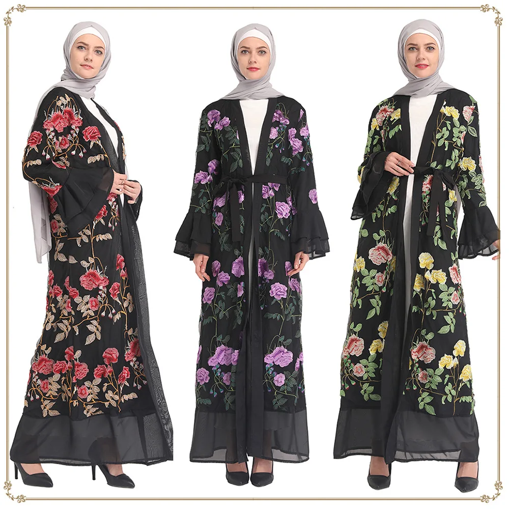 Elegant Lace Embroidered Abaya Dubai Long Robe Muslim Women Outerwear Flared Sleeves Modest Fashion Middle Eastern Style - Image 2
