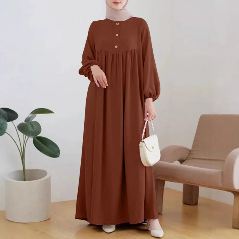 Muslim Women's Wear Skirt Fashion Casual Puff Sleeve Simple Loose Solid Color Dress - Image 3