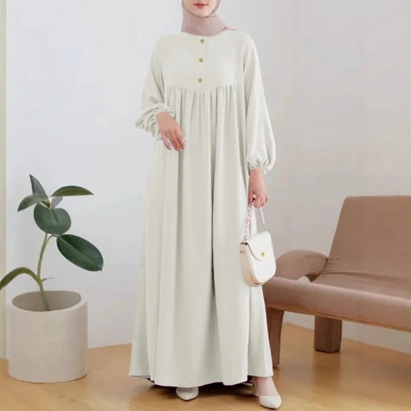 Muslim Women's Wear Skirt Fashion Casual Puff Sleeve Simple Loose Solid Color Dress