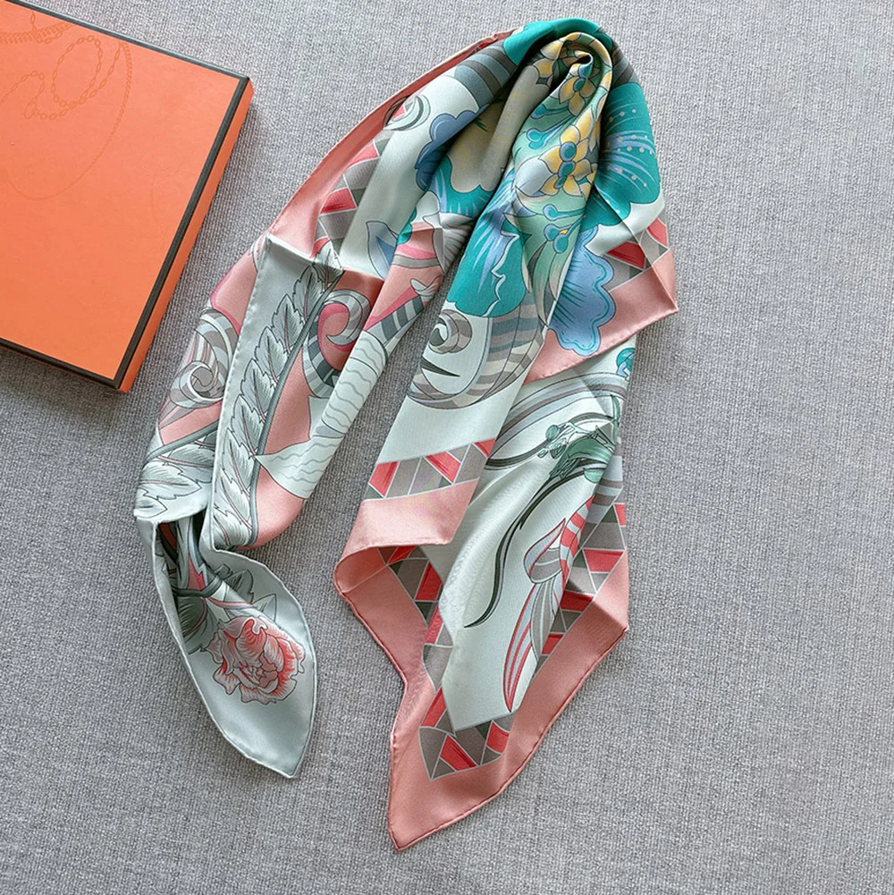 Luxury Brand Pink 90x90 Women Designer Silk Scarf With Flowers Hand Rolled Silk Twill Square Hair Scarf 100% Mulberry Silk Hijab - Image 4