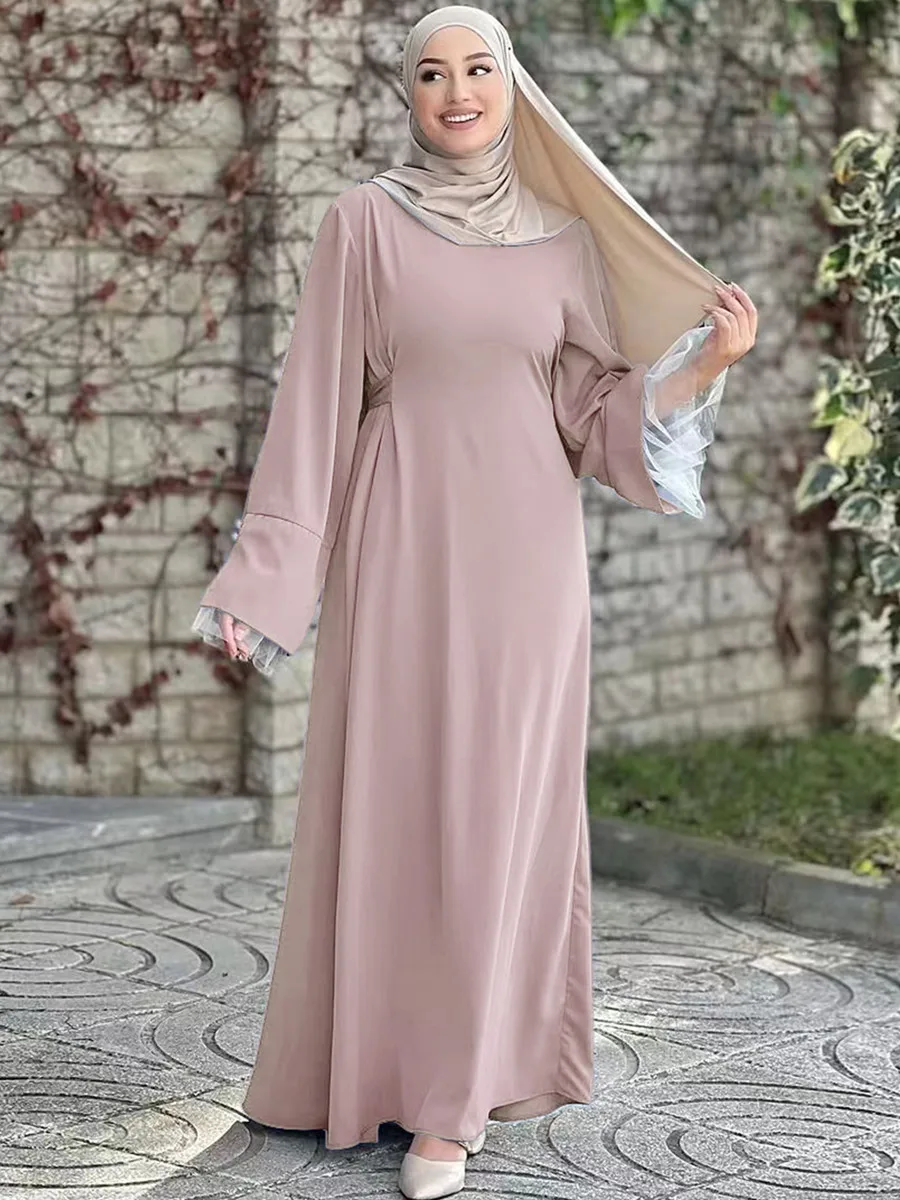 Muslim Women Arabic Dubai Abaya Lace Patchwork Sleeve Long Dress Kaftan Solid Modest Ramadan Robe Femme Islam Clothing Kebaya - Image 3