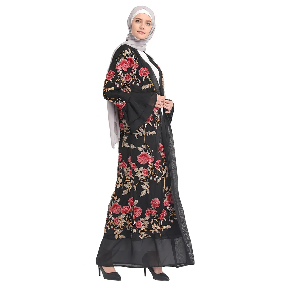 Elegant Lace Embroidered Abaya Dubai Long Robe Muslim Women Outerwear Flared Sleeves Modest Fashion Middle Eastern Style - Image 3