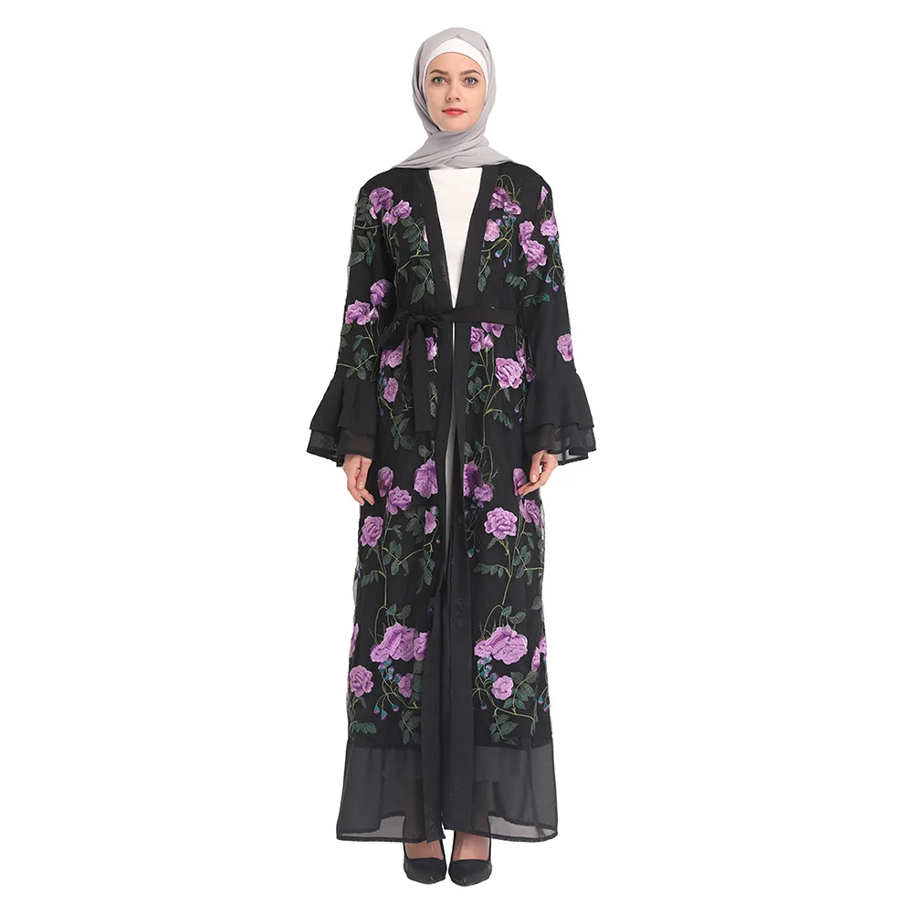 Elegant Lace Embroidered Abaya Dubai Long Robe Muslim Women Outerwear Flared Sleeves Modest Fashion Middle Eastern Style - Image 5