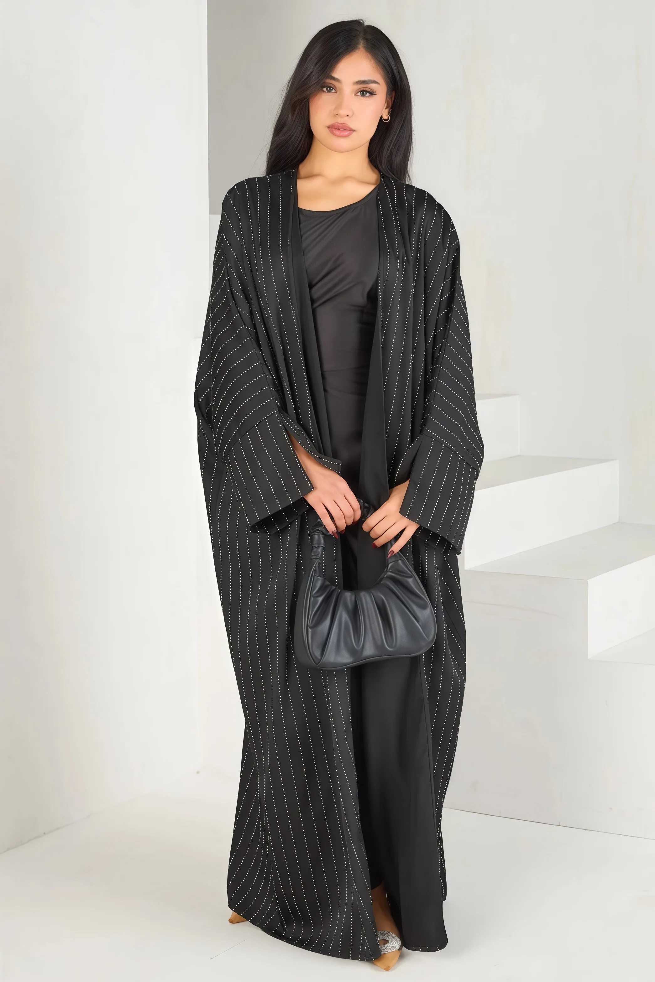 2025 New Muslim Abaya Black Rhinestone Striped Long Cardigan Loose Fit Elegant Modest Islam Outerwear for Women Premium Sparkle - Image 3