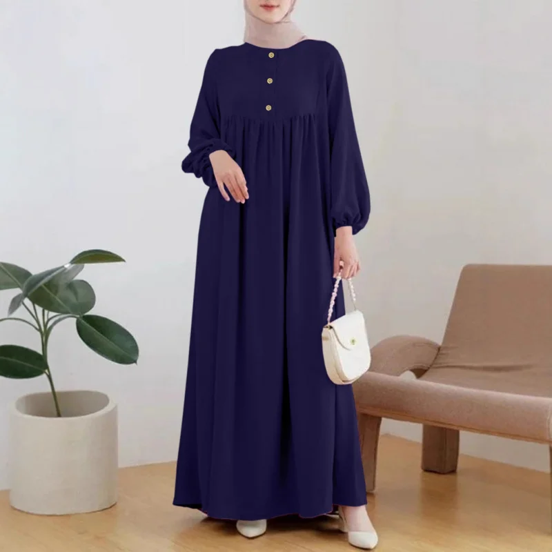 Muslim Women's Wear Skirt Fashion Casual Puff Sleeve Simple Loose Solid Color Dress - Image 4