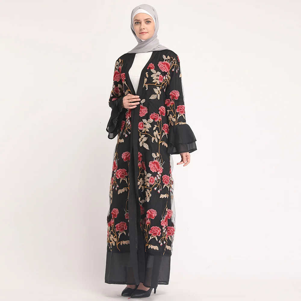Elegant Lace Embroidered Abaya Dubai Long Robe Muslim Women Outerwear Flared Sleeves Modest Fashion Middle Eastern Style