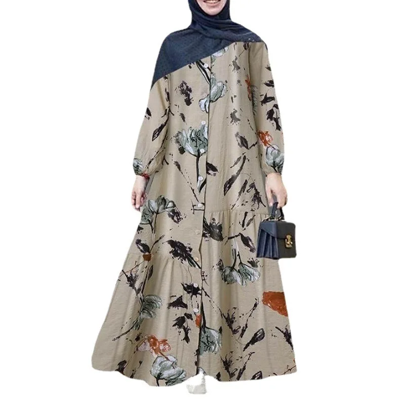 Muslim cotton and linen printed round neck button bubble long sleeved rubber band cuffs fashion loose casual dress - Image 5