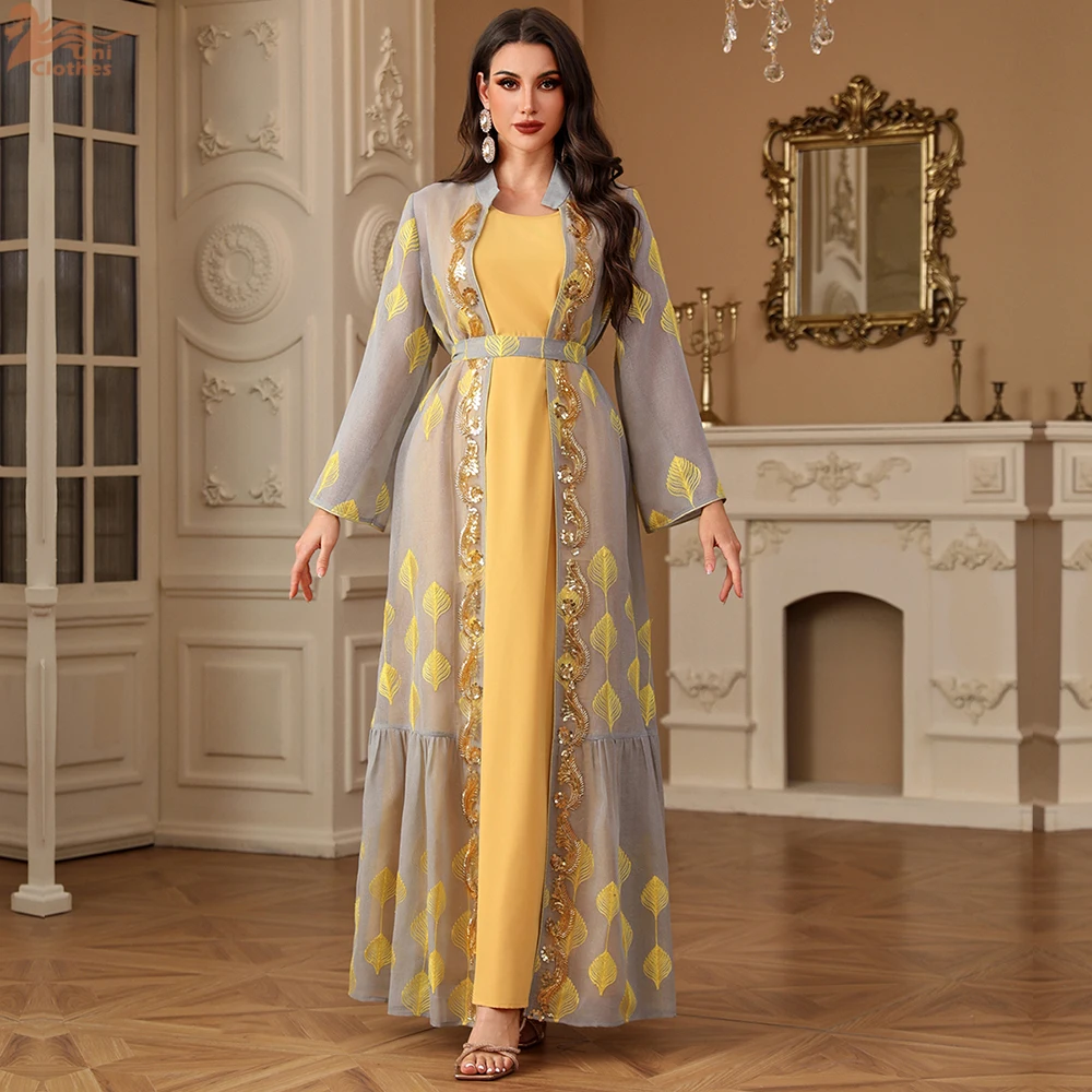 Ramadan Eid Muslim Women Embroidery Kimono Open Abaya Maxi Dress Set 2PCS Caftan Marocain Femme Jalabiya Kaftan Dubai Gown Robe - Image 5