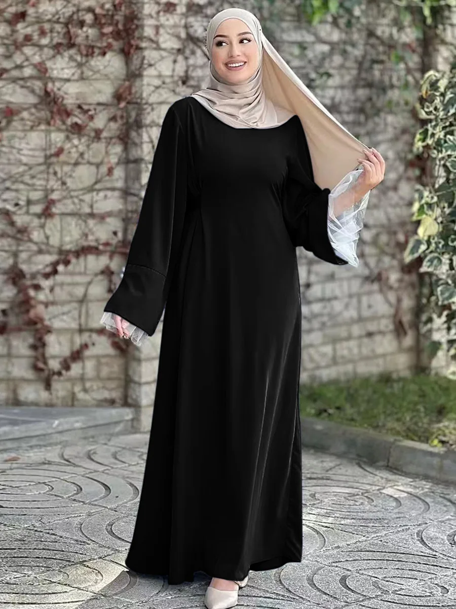 Muslim Women Arabic Dubai Abaya Lace Patchwork Sleeve Long Dress Kaftan Solid Modest Ramadan Robe Femme Islam Clothing Kebaya - Image 5