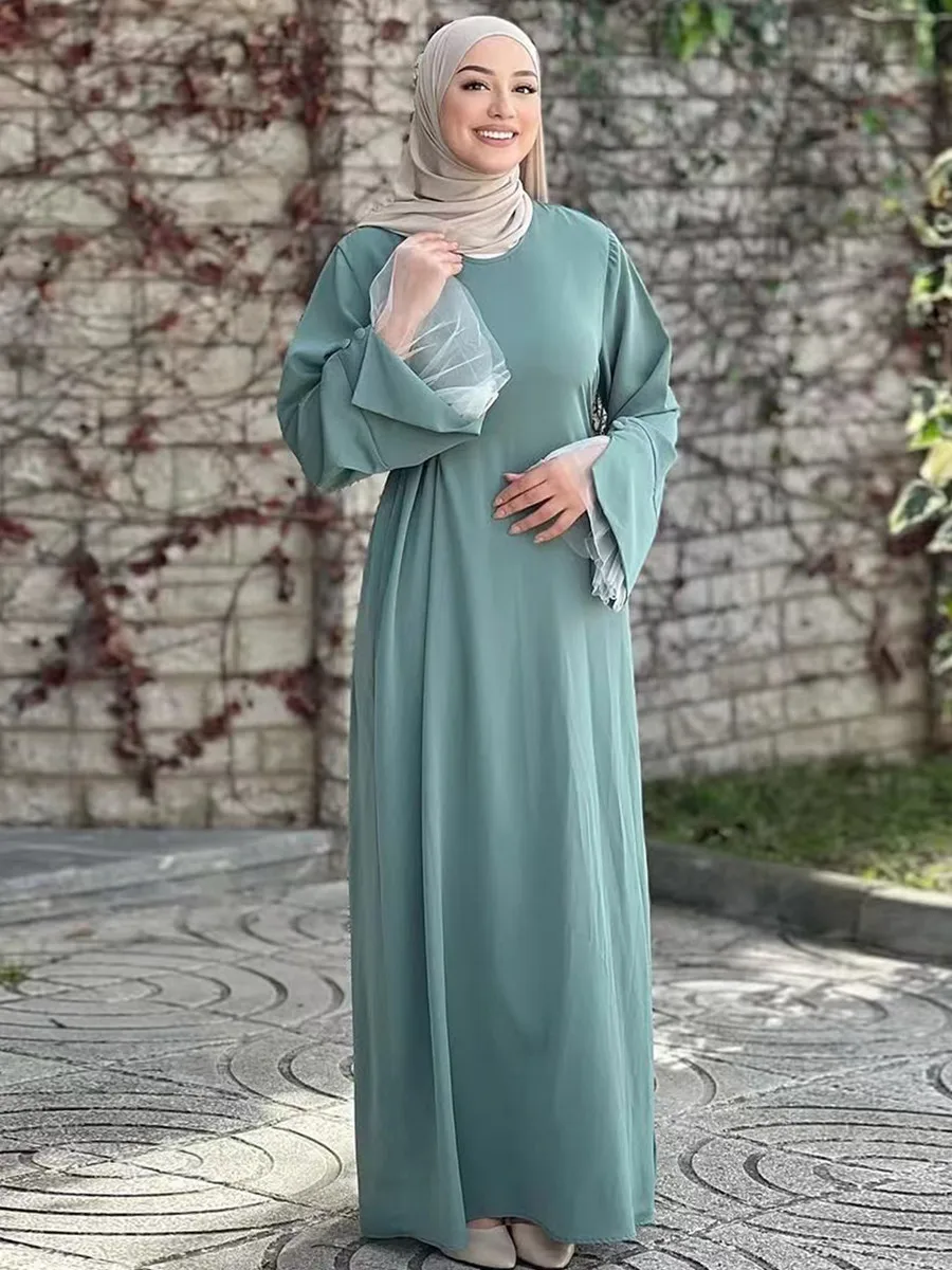 Muslim Women Arabic Dubai Abaya Lace Patchwork Sleeve Long Dress Kaftan Solid Modest Ramadan Robe Femme Islam Clothing Kebaya - Image 2