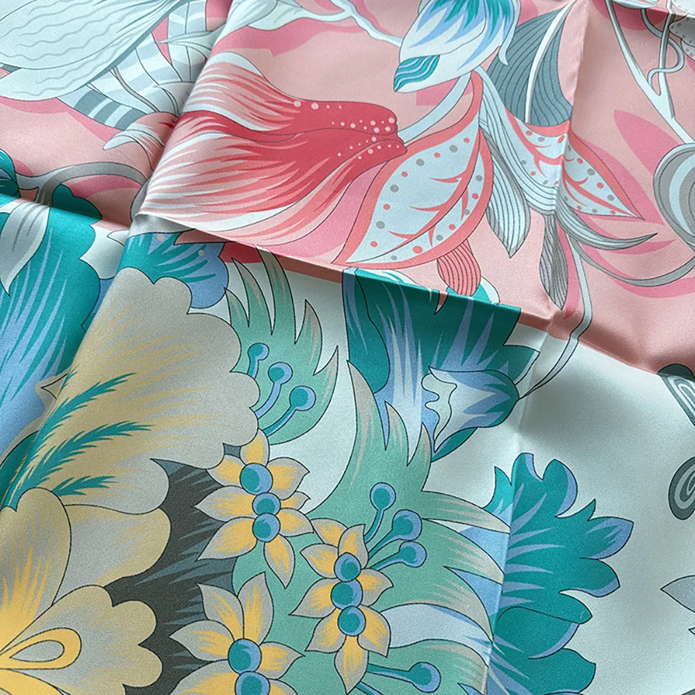 Luxury Brand Pink 90x90 Women Designer Silk Scarf With Flowers Hand Rolled Silk Twill Square Hair Scarf 100% Mulberry Silk Hijab - Image 6