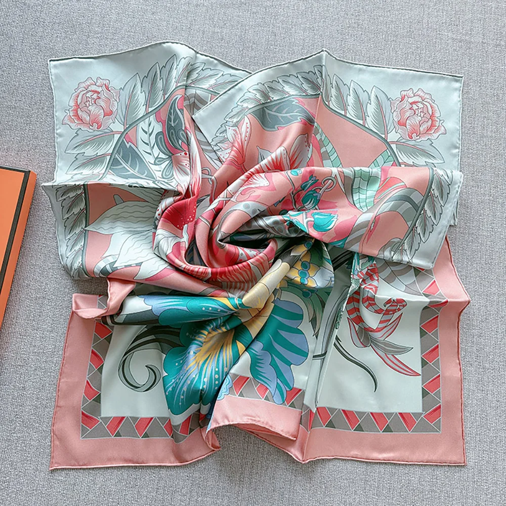 Luxury Brand Pink 90x90 Women Designer Silk Scarf With Flowers Hand Rolled Silk Twill Square Hair Scarf 100% Mulberry Silk Hijab - Image 2