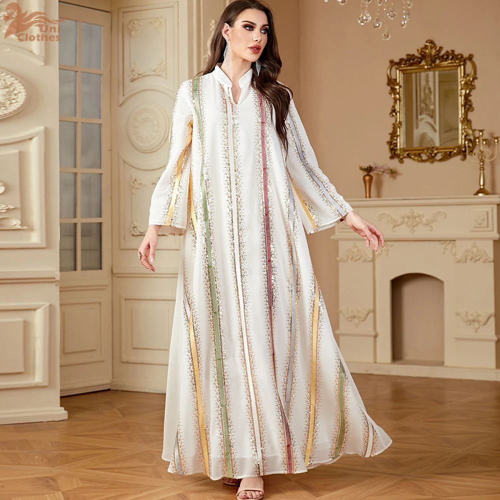 Uni Ramadan Dubai Embroidery Sequins abaya Stripe Loose Kaftan Muslim Elegant Women Evening Dress - Image 5