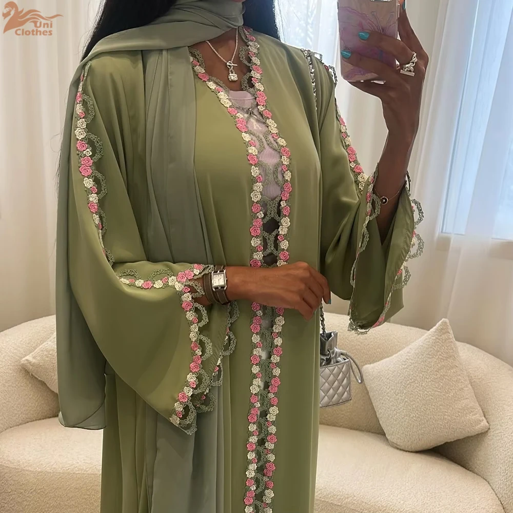 2025 Islamic Clothing Lace Floral Embroidery Luxury Abaya Dubai Kimono Modest Open Abaya Women Muslim Dress