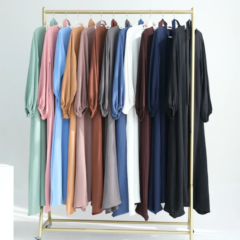 Muslim Abaya Islamic Clothing Modest Abaya Muslim Women Dress Puff Sleeve Wrinkle Polyester Abaya Femmes Robe Musulmane - Image 3