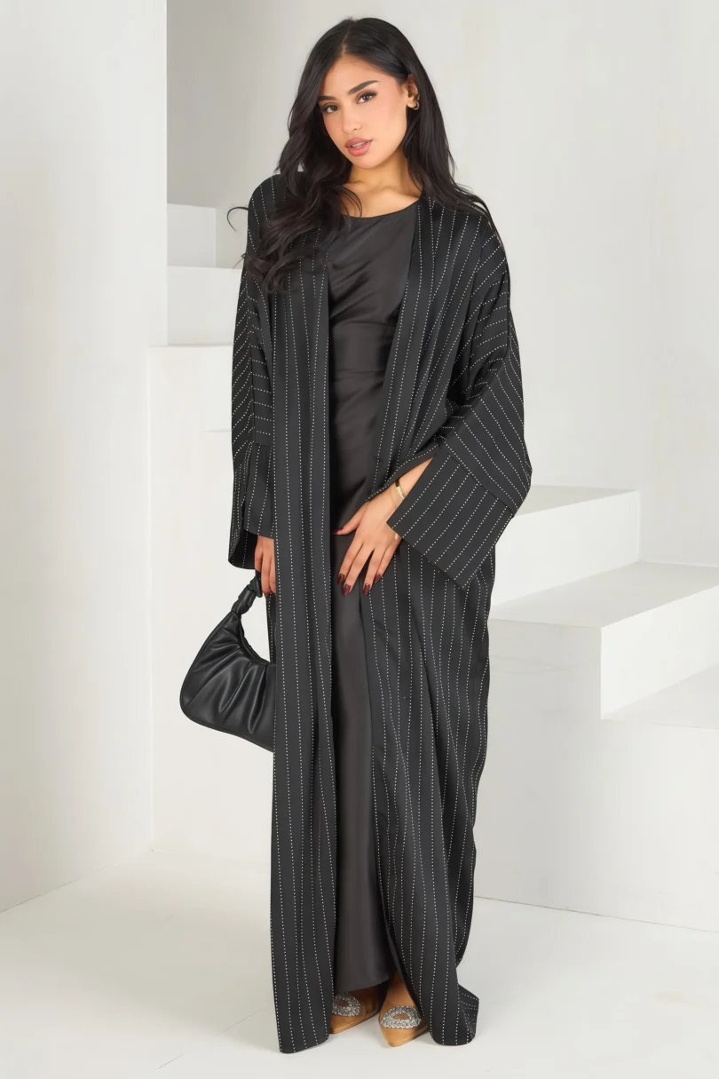 2025 New Muslim Abaya Black Rhinestone Striped Long Cardigan Loose Fit Elegant Modest Islam Outerwear for Women Premium Sparkle - Image 4