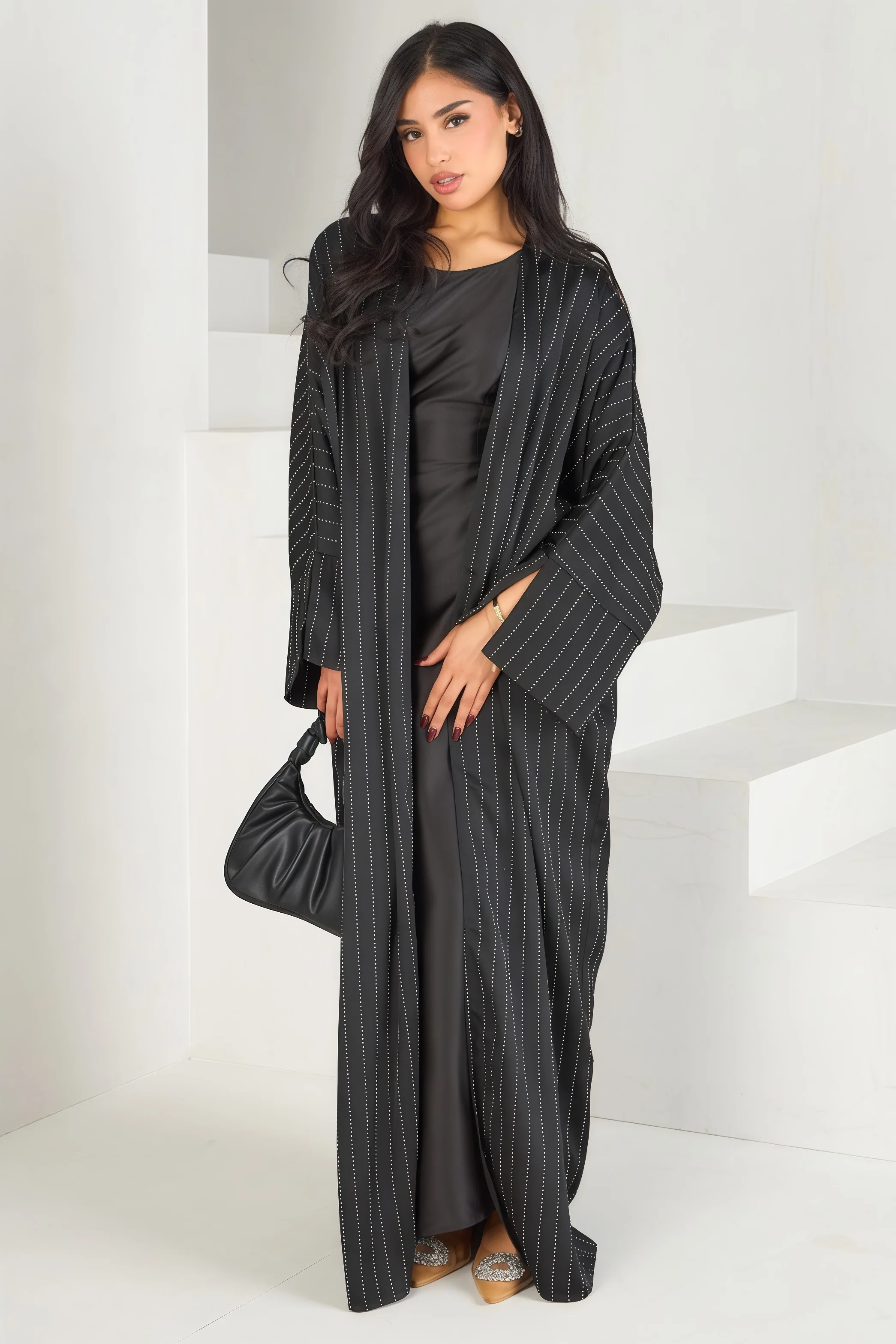2025 New Muslim Abaya Black Rhinestone Striped Long Cardigan Loose Fit Elegant Modest Islam Outerwear for Women Premium Sparkle - Image 4