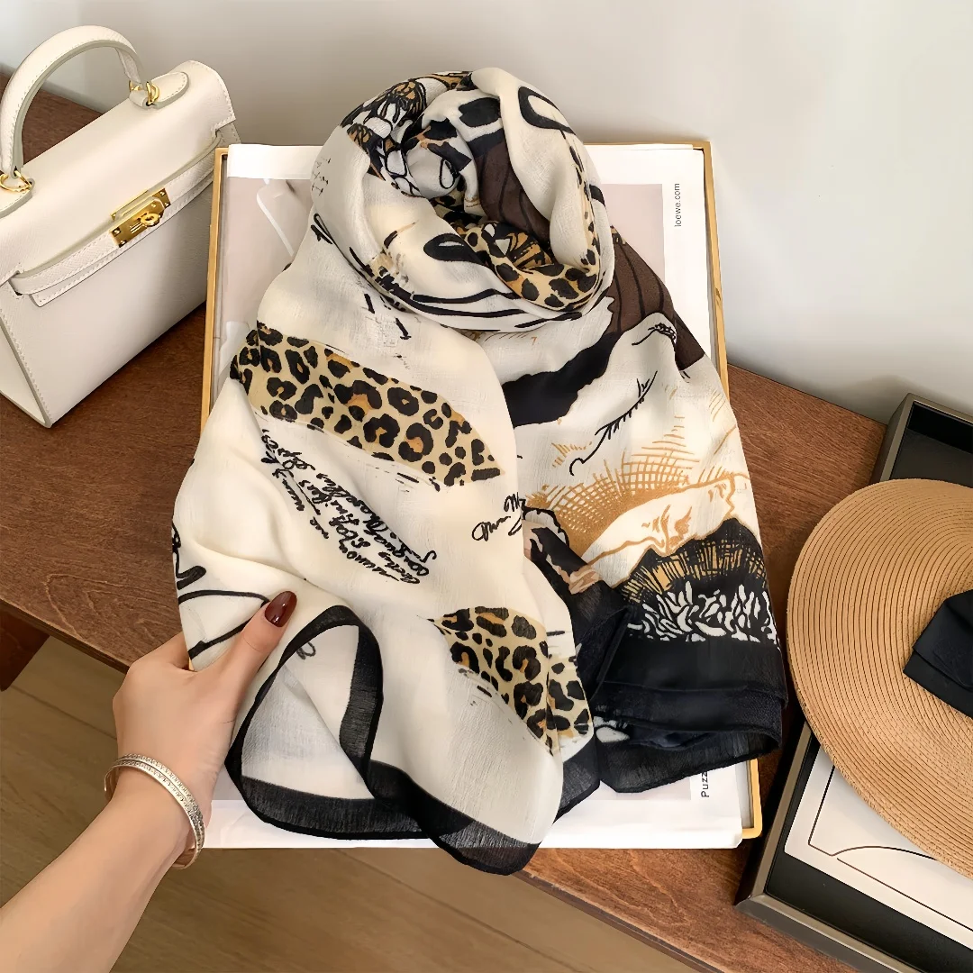 2025 130cm Cotton Linen Floral Leopard Print Square Scarf Women Vintage Sun Shawl All-season Bandana Hijab Versatile Hemming