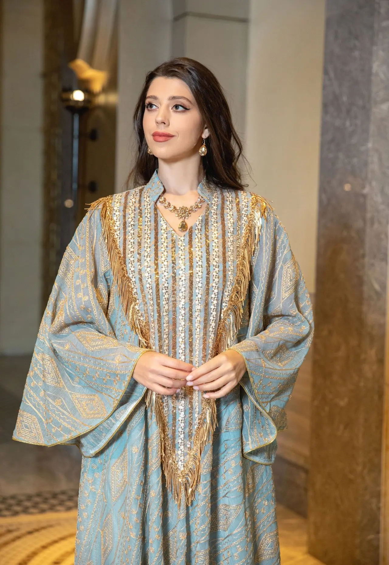2025 New Luxury Dubai Style Muslim Abaya Light Green with Gold Shine Sequin Embellishments Ideal for Arabian High Society Galas - Image 4