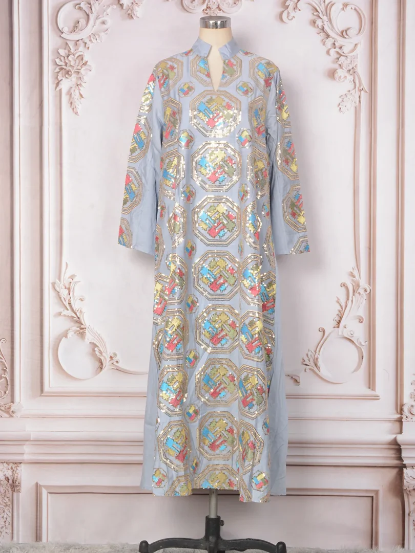 Uni Embroideried Sequin Luxurious Dresses With Long Sleeves Muslim Dubai Fashion Elegant Loose Abayas Women's Evening Dress - Image 4