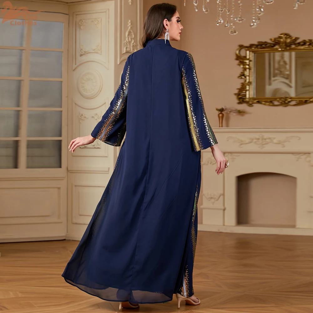 Uni Ramadan Dubai Embroidery Sequins abaya Stripe Loose Kaftan Muslim Elegant Women Evening Dress - Image 2
