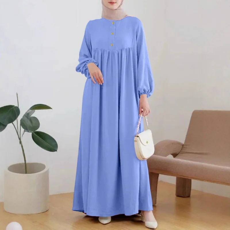 Muslim Women's Wear Skirt Fashion Casual Puff Sleeve Simple Loose Solid Color Dress - Image 2