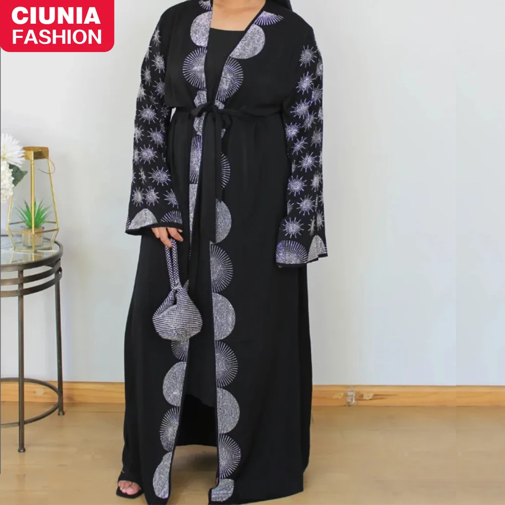 Shiny Black Dubai Abaya For Muslim Women With Belt Luxury Silver Rhinestone Diamond For Ramadan Party Elegant Turkey Kebaya