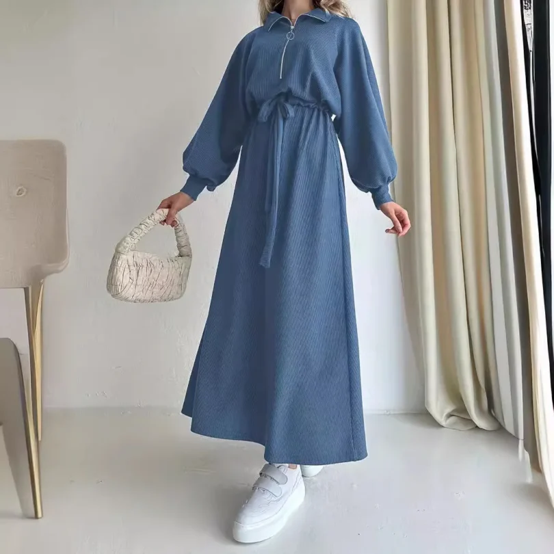 Fashion Muslim Dress New Solid Color Zipper Belt Fashion Lapel Elegant Dress Muslim Women Modest Long Dresses - Image 2