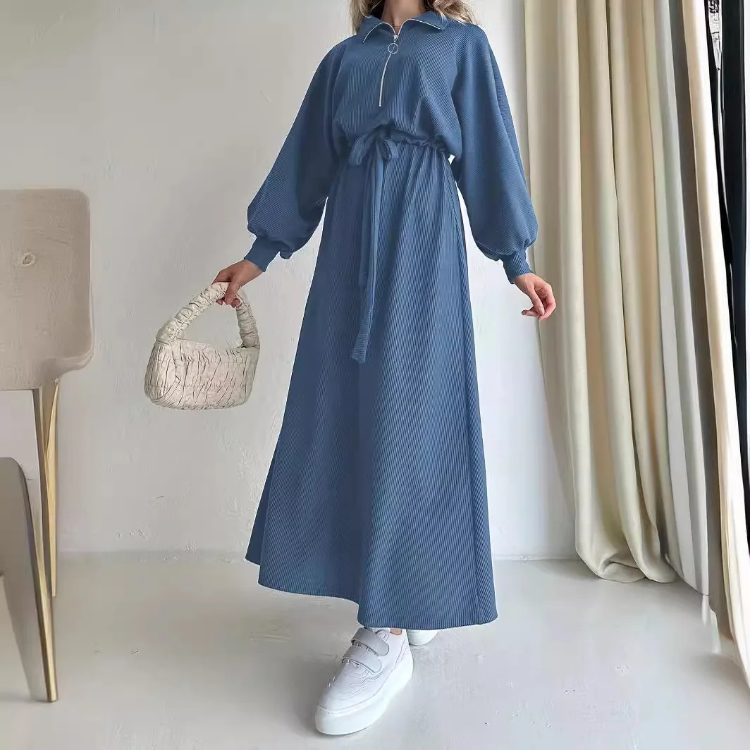 Fashion Muslim Dress New Solid Color Zipper Belt Fashion Lapel Elegant Dress Muslim Women Modest Long Dresses - Image 2