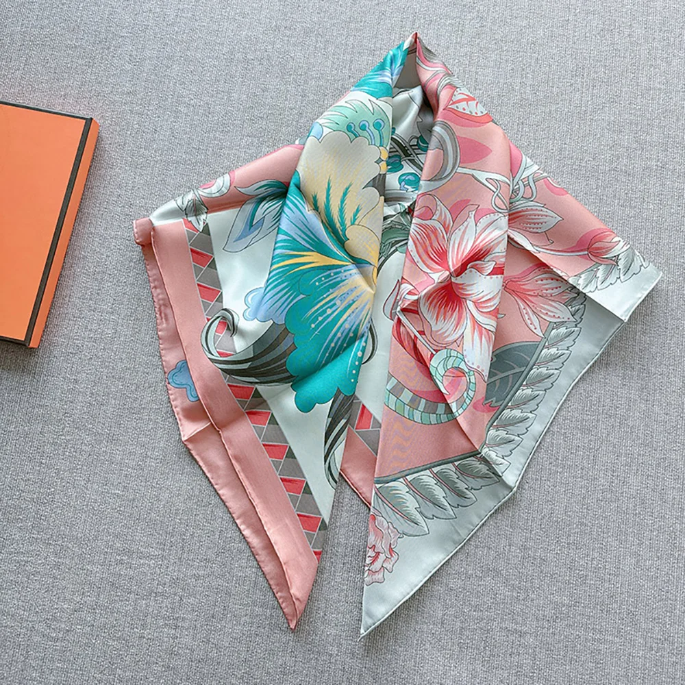 Luxury Brand Pink 90x90 Women Designer Silk Scarf With Flowers Hand Rolled Silk Twill Square Hair Scarf 100% Mulberry Silk Hijab - Image 3