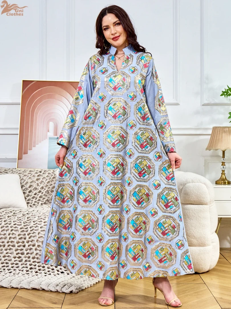 Uni Embroideried Sequin Luxurious Dresses With Long Sleeves Muslim Dubai Fashion Elegant Loose Abayas Women's Evening Dress