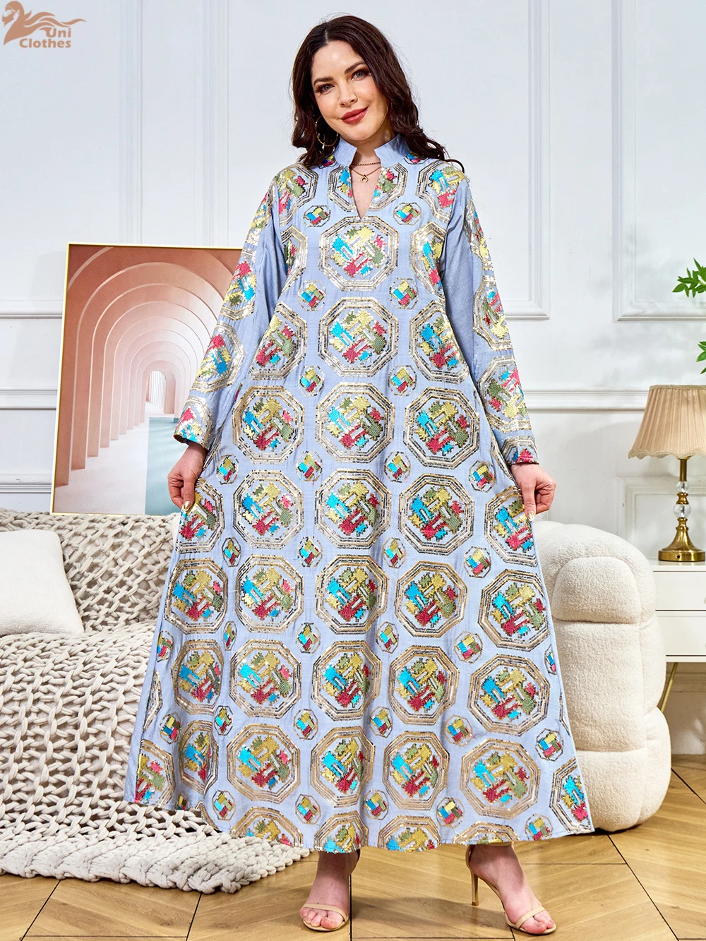 Uni Embroideried Sequin Luxurious Dresses With Long Sleeves Muslim Dubai Fashion Elegant Loose Abayas Women's Evening Dress