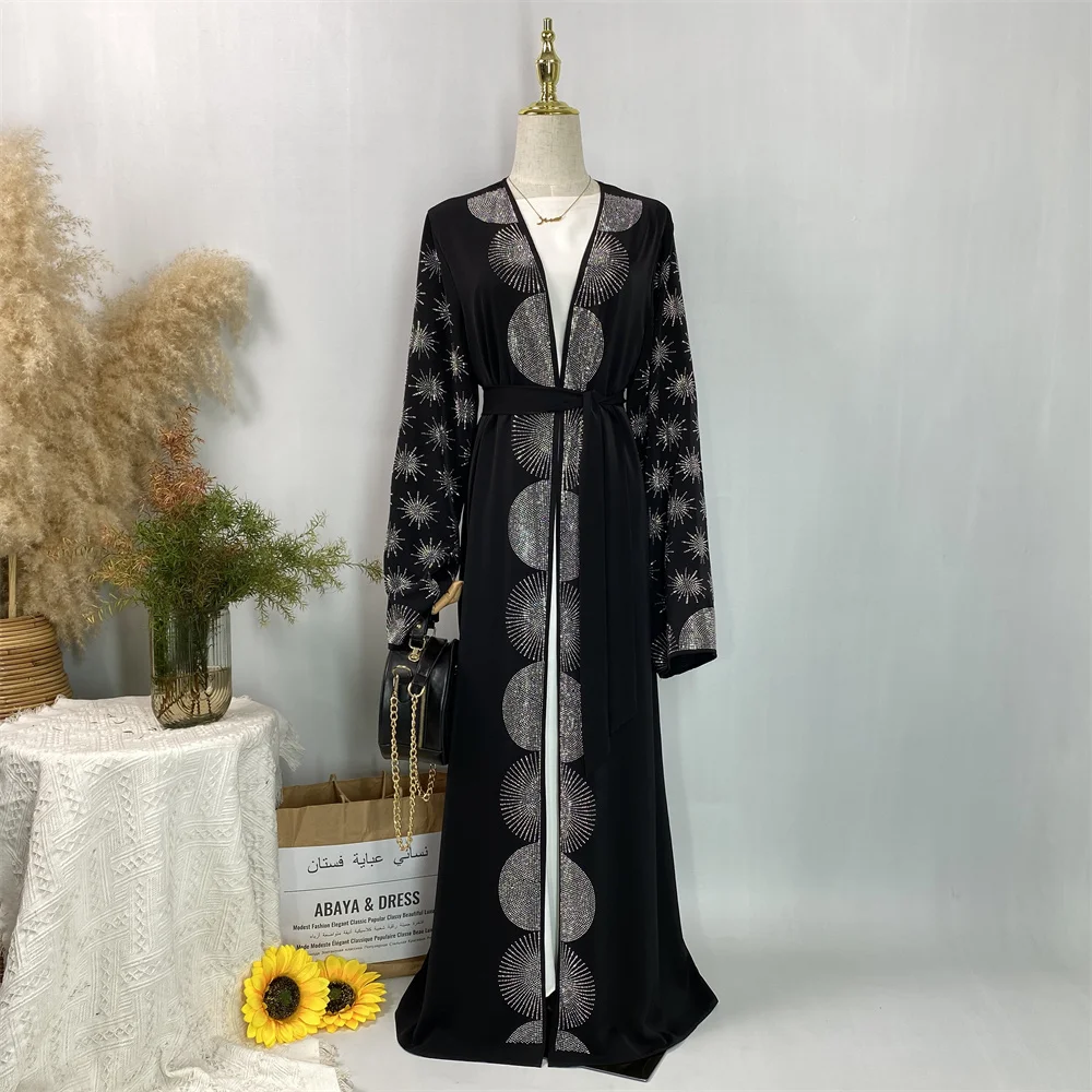 Shiny Black Dubai Abaya For Muslim Women With Belt Luxury Silver Rhinestone Diamond For Ramadan Party Elegant Turkey Kebaya - Image 3