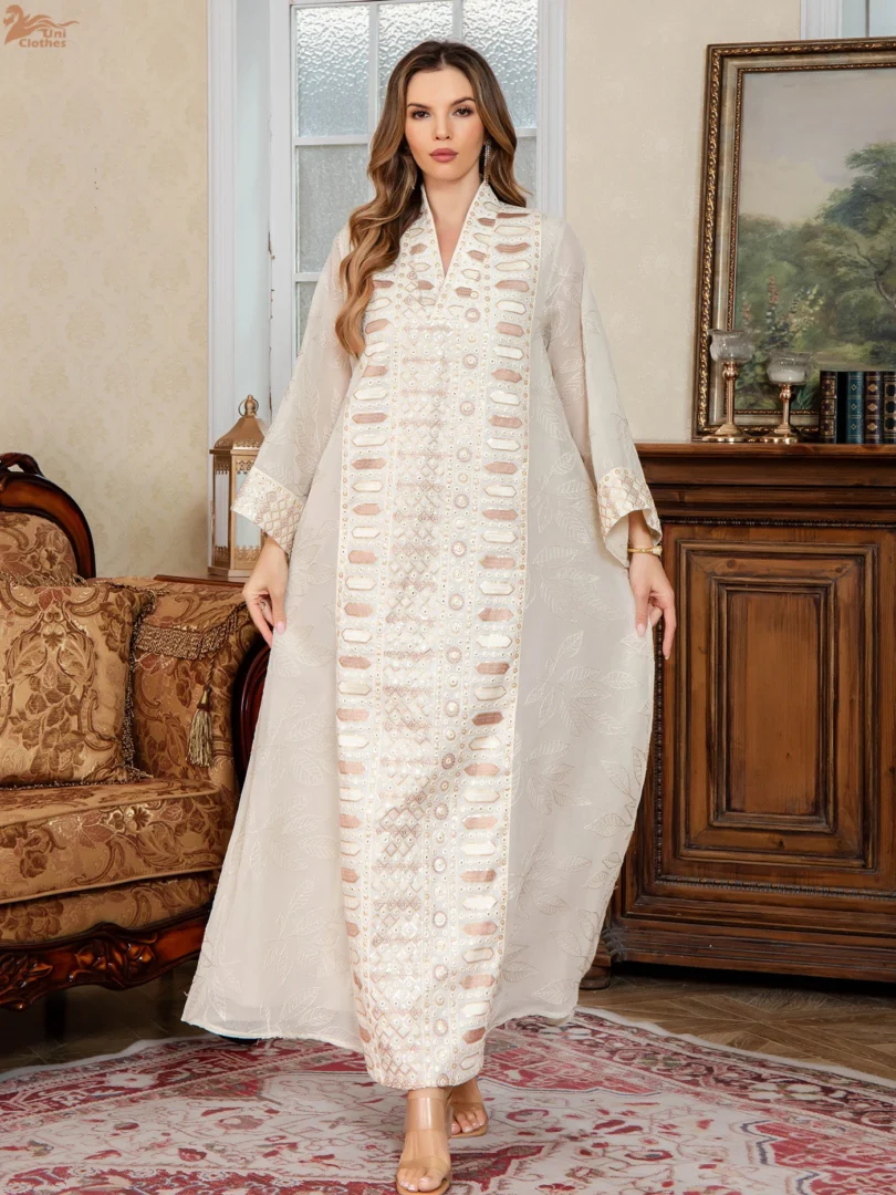 Elegant Muslim Dress Embroidery Mesh Sleeves Abaya Middle East Clothes Women Robe Islamic Fashion V-Neck Gown Evening Party Wear - Image 4