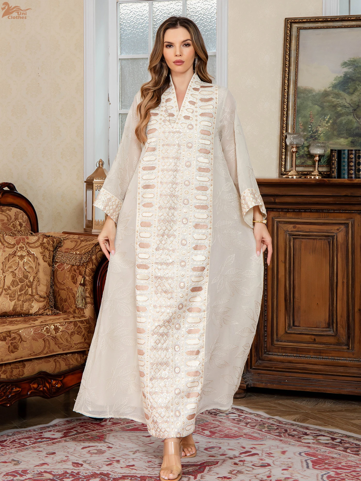 Elegant Muslim Dress Embroidery Mesh Sleeves Abaya Middle East Clothes Women Robe Islamic Fashion V-Neck Gown Evening Party Wear - Image 4