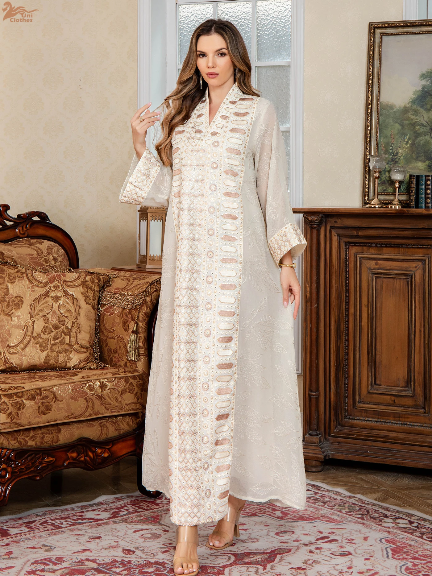Elegant Muslim Dress Embroidery Mesh Sleeves Abaya Middle East Clothes Women Robe Islamic Fashion V-Neck Gown Evening Party Wear - Image 6