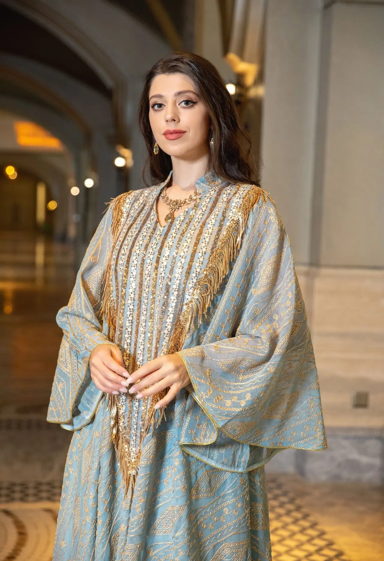 2025 New Luxury Dubai Style Muslim Abaya Light Green with Gold Shine Sequin Embellishments Ideal for Arabian High Society Galas - Image 3