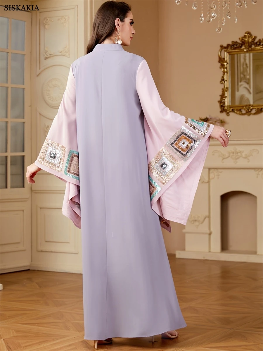 Siskakia Ramadan Dubai Sequins Patchwork Batwing Sleeve Maxi Dress For Women Moroccan Gala Elegant Loose Abayas - Image 2