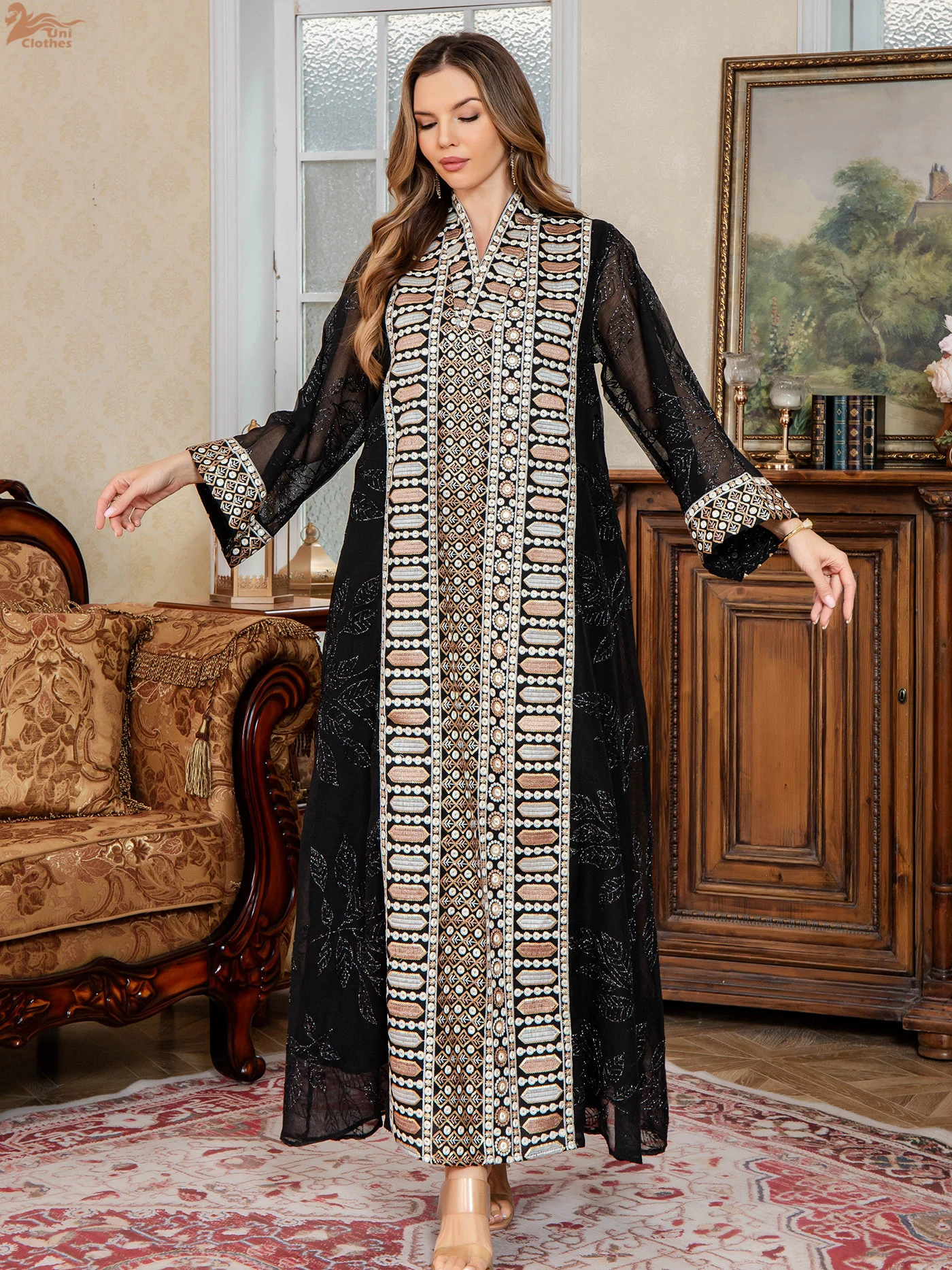 Elegant Muslim Dress Embroidery Mesh Sleeves Abaya Middle East Clothes Women Robe Islamic Fashion V-Neck Gown Evening Party Wear - Image 3