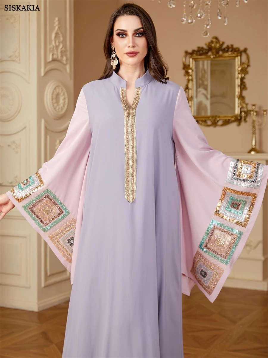 Siskakia Ramadan Dubai Sequins Patchwork Batwing Sleeve Maxi Dress For Women Moroccan Gala Elegant Loose Abayas - Image 5