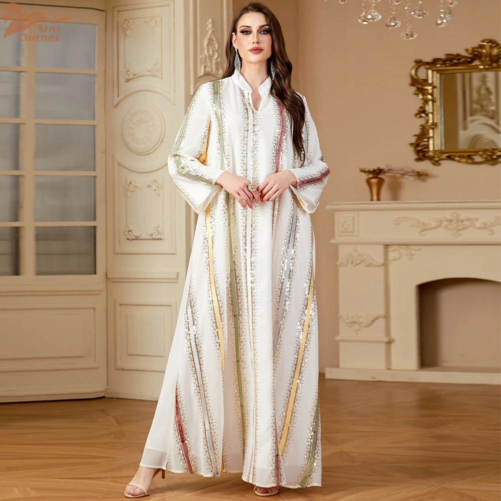 Uni Ramadan Dubai Embroidery Sequins abaya Stripe Loose Kaftan Muslim Elegant Women Evening Dress - Image 6