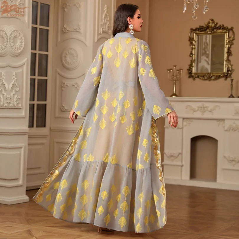 Ramadan Eid Muslim Women Embroidery Kimono Open Abaya Maxi Dress Set 2PCS Caftan Marocain Femme Jalabiya Kaftan Dubai Gown Robe - Image 2