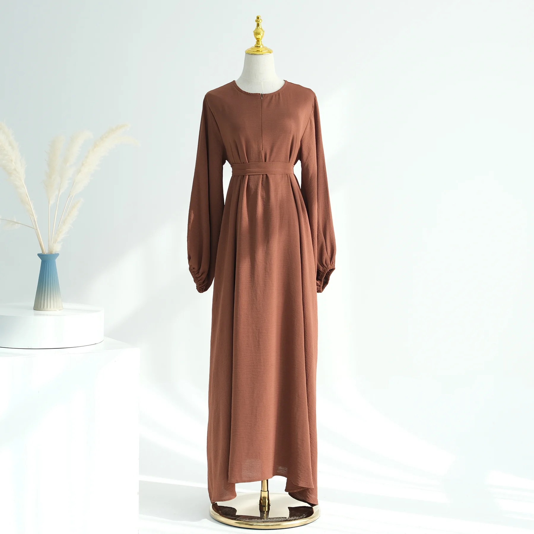 Muslim Abaya Islamic Clothing Modest Abaya Muslim Women Dress Puff Sleeve Wrinkle Polyester Abaya Femmes Robe Musulmane - Image 6